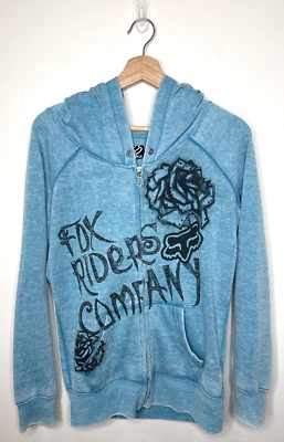 Y2K Fox Racing Co Zip Up Hoodie Womens Medium Blue Motocross Riders Spellout VTG - Image 1 of 4