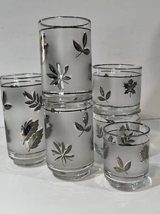 Vintage Libby Frosted Silver Leaf Drinking Glasses Set 6 MCM Fall Autumn Leaves - Picture 1 of 14