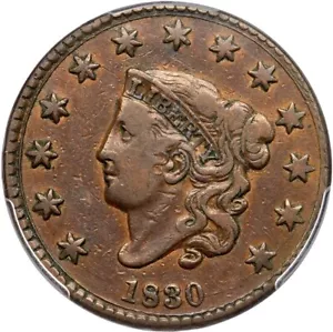 1830 N-10 R-4+ PCGS VF 25 Matron or Coronet Head Large Cent Coin 1c - Picture 1 of 3