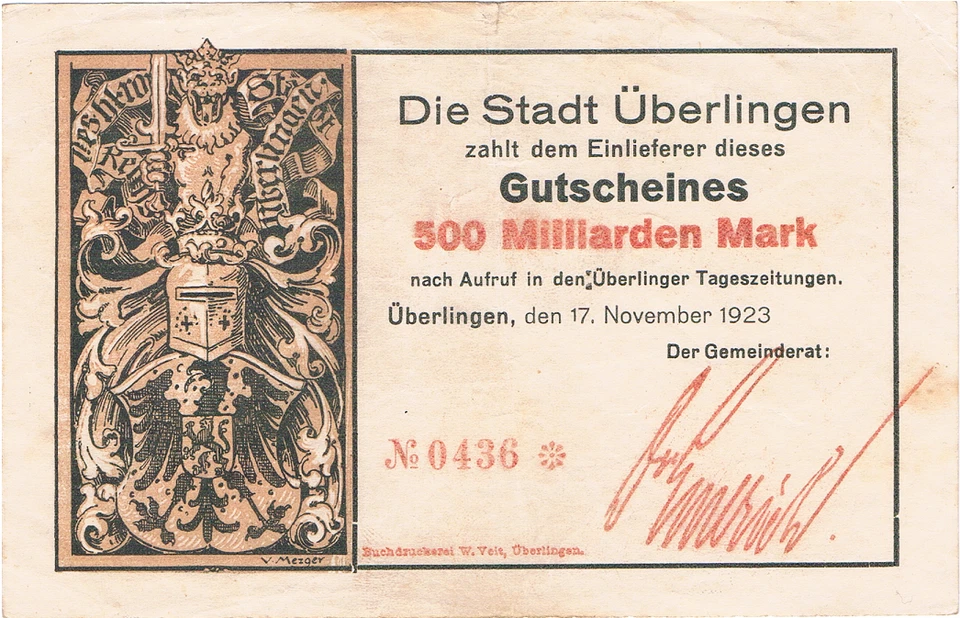 500 Milliarden Mark Gutschein Überlingen 17. November 1923 - Bild 1 von 1