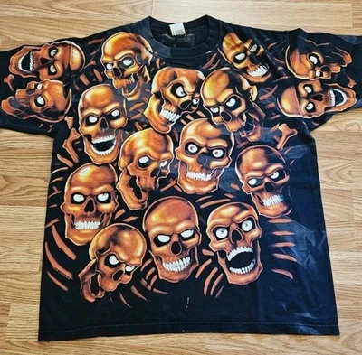 Vintage Y2K Liquid Blue Orange Skull Pile AOP T Shirt All Over Print Size XL - Image 1 of 4