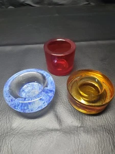 3 Chunky Glass Tealight Votive Candle Holders ~ Blue, Orange And Red - Picture 1 of 15