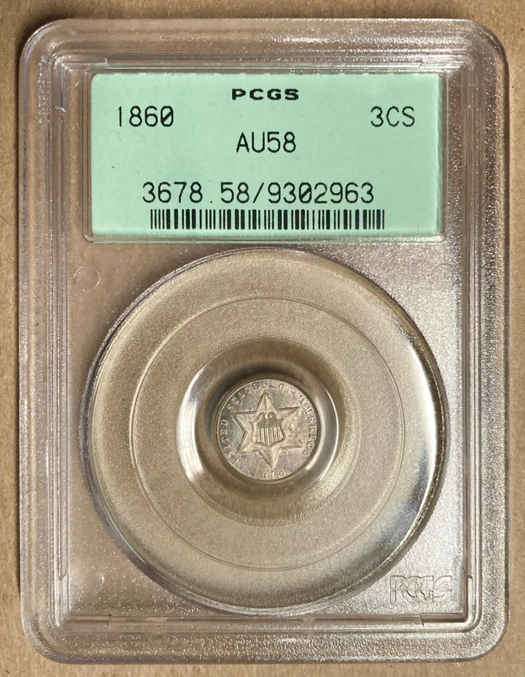 1860 PCGS AU58 Three Cent Silver 3cs - OGH - Rotated Reverse Dies - Mint Error - Image 1 of 4