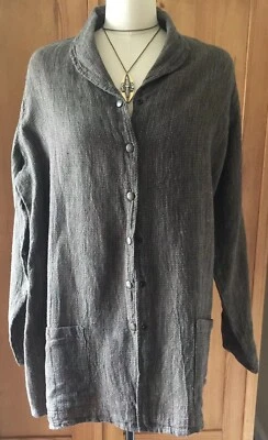 Flax Size Large Linen Long Snap Front Jacket w Patch Pockets Dk Green/Rose Woven - Image 1 of 4