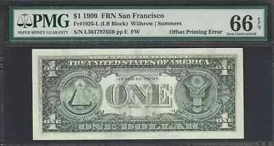1999 $1 Small Size $1 Federal Reserve Notes 1925-L PMG 66 EPQ - Image 1 of 3