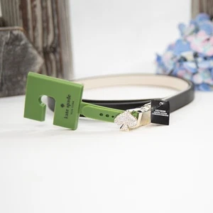 Kate Spade Black Cream Leather Slim Gold Crystal Buckle Reversible Belt Med NWT - Picture 1 of 3