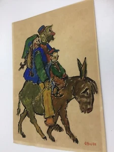 Original Early, Jovan Obican: Family On A Donkey Mixed Media On Paper 2 of 2 VG - Picture 1 of 8