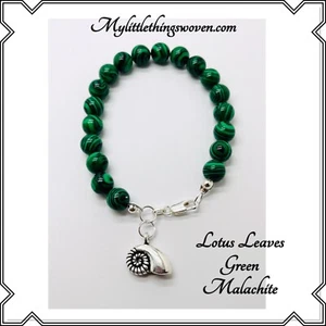 Green Lotus Leaves Malachite Quartz Stone Sterling Silver Bracelet & Shell Charm - Picture 1 of 9
