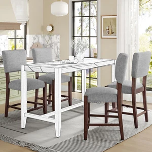 4Set Solid Wood Barstools 25.5"Counter Height Linen Upholstered Bar Chairs Gray - Picture 1 of 13
