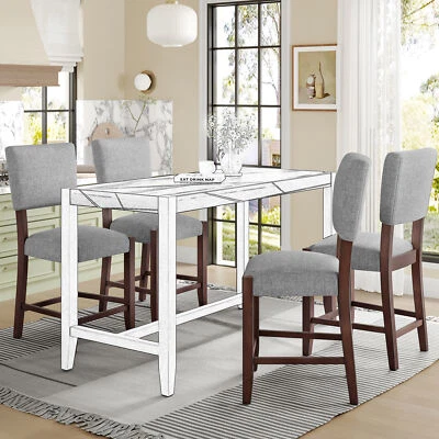 4Set Solid Wood Barstools 25.5"Counter Height Linen Upholstered  Bar Chairs Gray - Image 1 of 4