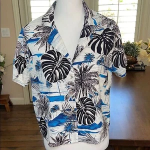 Linen Cotton Crop Boxy Button Front Shirt Beach Hawaiian Coconut Girl Sz S NWT - Picture 1 of 9