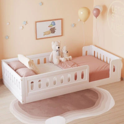 Marcos de cama de piso de tamaño doble con plataforma de barandilla cama para sala de juegos dormitorio infantil Foto 1 de 4