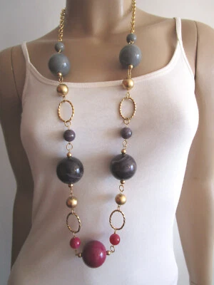Modekette lang Damen Hals Kette Bettelkette Gold Grau Pink Lila Perlen Lagenlook - Bild 1 von 4