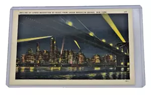 VTG Postcard Skyline of Lower Manhattan at Night from Under Brooklyn Bridge - Picture 1 of 5