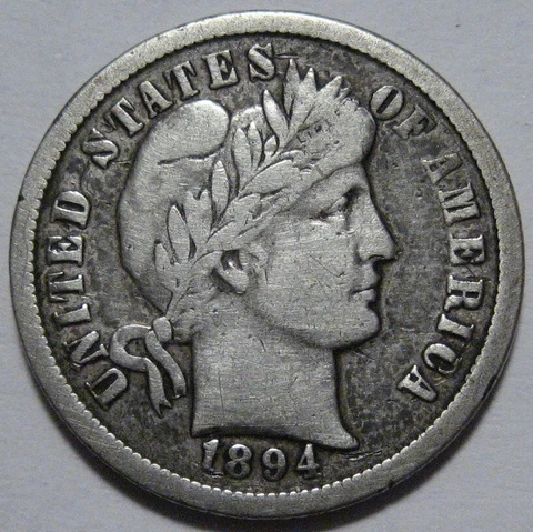 = 1894-O FINE+ BARBER DIME, New Orleans, FREE Shipping Cover