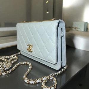 Lambskin Quilted Trendy CC WalletOn Chain WOC Light Blue - Picture 1 of 5