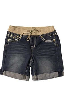 JUSTICE Dark Blue Denim Elastic Waist Faux Fly Cuffed Shorts Girl's Size 12 - Picture 1 of 11
