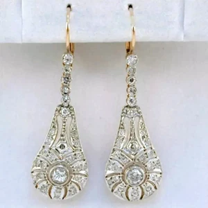 2.00 Ct Round Cut Lab Created Diamond 14K Two-Tone Gold Over Drop Earrings - Picture 1 of 2