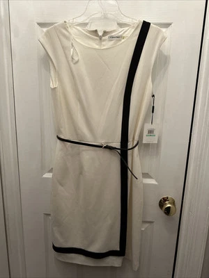 Vestido Calvin Klein Talla 8 Blanco Negro Borde Sin Mangas Vaina Hasta la Rodilla con Cinturón Foto 1 de 4