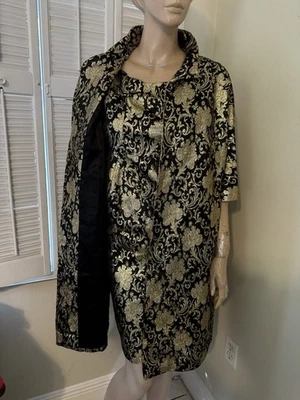 Vintage 60 Dress Coat Set Metallic Black Gold Floral Brocade Jacquard Sz XS - Image 1 of 4