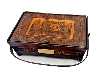 Caja de costura Tunbridge Ware Treen c 1850 castillo Hever con mango oscilante Foto 1 de 4