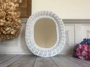 Vintage Wicker Mirror /White Oval Wall Accent /Coastal /Beach/ Bohemian /Cottage - Picture 1 of 10