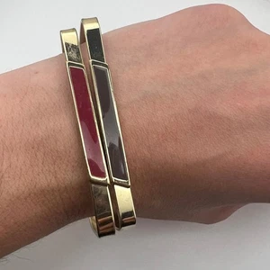 Vintage Geometric Enamel Bangles Set – Gold Tone Square Red & Brown Modernist - Picture 1 of 5