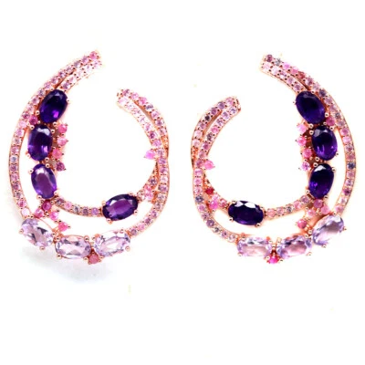 Plata de ley 925 4 x 6 mm. Pendientes púrpura - rosa amatista y zafiro Foto 1 de 4