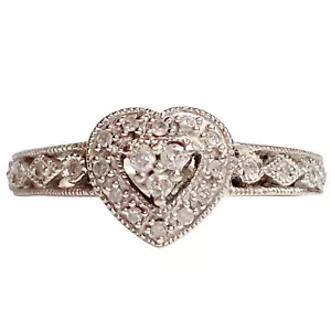 Women’s 10K 10KT WHITE SOLID GOLD ROUND DIAMOND HEART RING SIZE 7 BAND - Picture 1 of 7