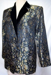 Vtg Criscione Gold/Black Brocade & Velvet Blazer Tuxedo Jack-Crystal Studs-M - Picture 1 of 16