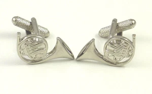 French Horn Rhodium Music Cufflinks - Music Gift - French Horn Student Gift - Zdjęcie 1 z 1