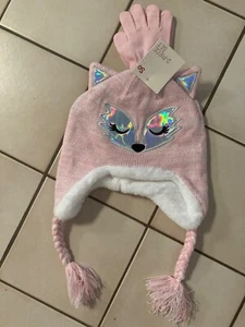SO Girls Pink Knit Hat And Glove Set Cat/Fox Size S/M (4-6X) NEW NWT - Picture 1 of 7