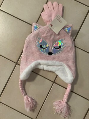 SO Niñas Rosa Tejido Sombrero Y Guante Conjunto Gato/Zorro Talla S/M (4-6X) NUEVO NUEVO CON ETIQUETAS Foto 1 de 4