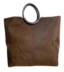 LARGE Charter Club BROWN NYLON CANVAS GENUINE LEATHER HANDLES TOTE HANDBAG PURSE - Picture 1 of 10