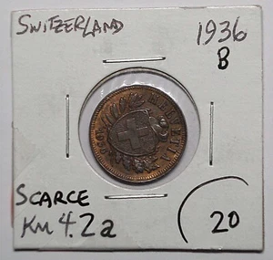 1936-B Switzerland 2 Rappen coin RED-BROWN UNCIRCULATED KM-4.2 #15933 - Picture 1 of 5