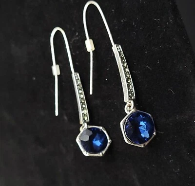 Vintage-Inspired Faux Sapphire & Hematite Drop Earrings – Unique Maker’s Mark  - Image 1 of 4