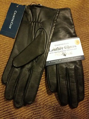 全新带标签 Charter Club 女式皮革和羊绒手套黑色 S 触摸屏 Tech。 — 第 1/4 张图片