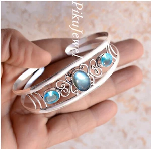 Blauer Feuer Labradorit & Blautopas Edelstein 925 Sterling Silber Armreif Man... - Bild 1 von 6