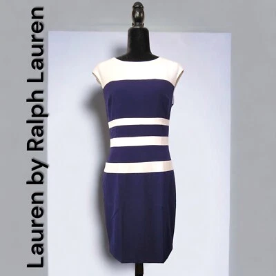 Lauren by Ralph Lauren Size 8 Navy & White Striped Knee Length Sleeveless Dress  - Image 1 of 4