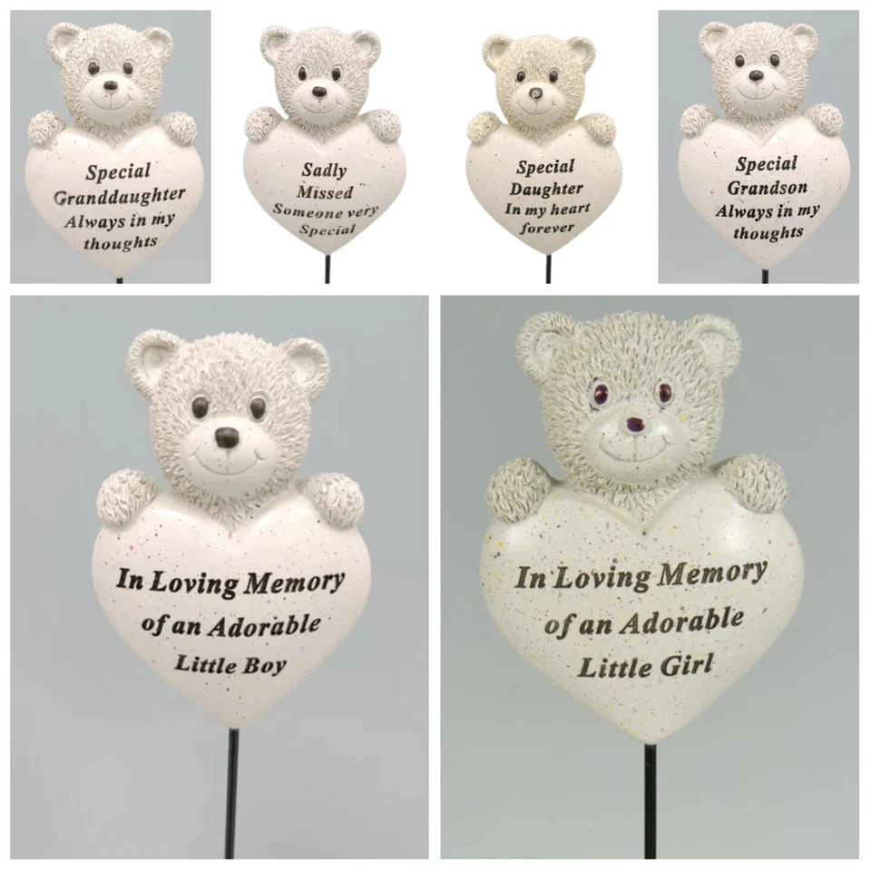 Memorial Teddy Bear Heart Stick - Child Graveside Ornament-choice of name - Image 1 of 1