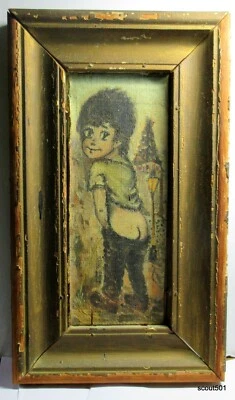 Pintura original Michel Thomas vintage años 60 niño ojos grandes orinando con grieta en el trasero Foto 1 de 4