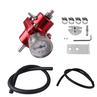 Red Aluminum Adjustable 1-140 PSI Fuel Pressure Regulator w/ Oil Gauge Fitting + - Image 1 of 4