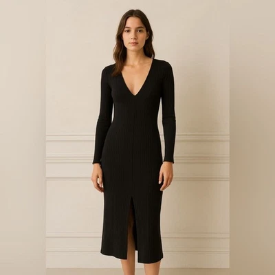 ZARA Black Ribbed Knit Sweater Midi Dress – Long Sleeve V-Neck with Front Slit M - Image 1 of 4