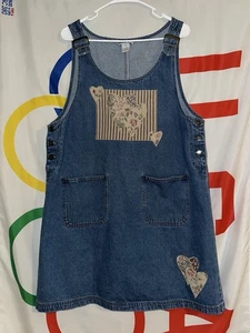 Vintage Haik’s Denim Overall Dress Womens XL Patchwork Midi Heart 90s - Picture 1 of 8