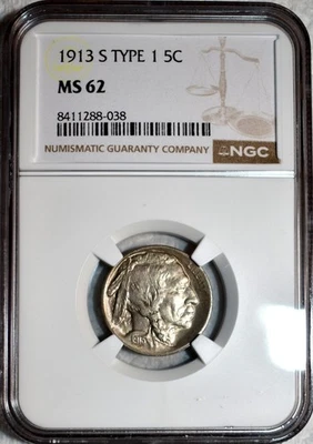 NGC MS-62 1913-S Type 1 Buffalo Nickel, Highly Lustrous, 1st Year Issue. - Image 1 of 2