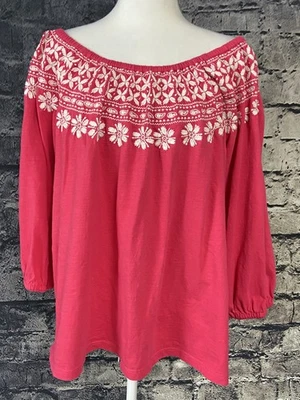 Camisa Tommy Hilfiger Feminina XL Vermelha Branca Bordada Blusa Camponesa Boho Top - Imagem 1 de 4
