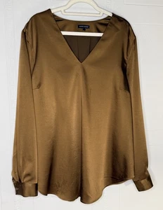 New Universal Standard M (US 18-20) Brown  Satin V Neck Shirt Tunic Long Sleeve - Picture 1 of 12
