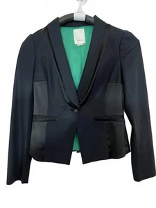 Anthropologie ELEVENSES Black Tuxedo Jacket sz 6 Fitted with Green Satin lining - Picture 1 of 6