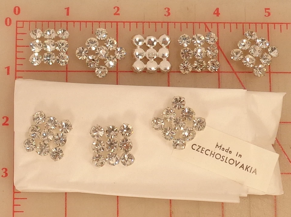 3 Vintage Czech Metal Shank Button Silver Square Clear Rhinestone 20mm 3/4" #145 - Image 1 of 1