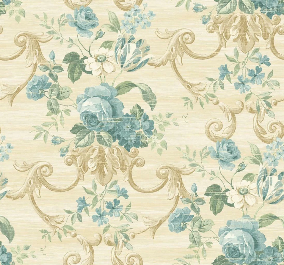 Wallpaper Large Blue Teal Green Floral Scroll on Beige Cream Faux, 60 sq ft bolt - Image 1 of 1